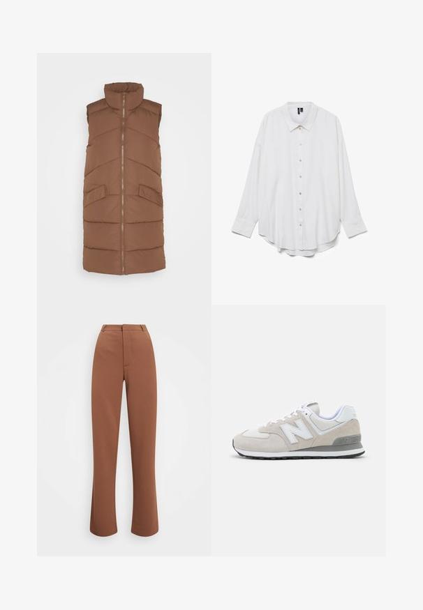 ONLY ONLMATILDE - Chaleco - coffee quartz; Camisa blanca de manga larga con botones, cuello puntiagudo y bajo curvado, mostrada sobre un fondo blanco liso.; Pantalones marrones fabricados en un tejido suave. Presentan un corte recto, con planchado en la parte delantera y una cinturilla estándar con pasadores para cinturón.; Zapatillas de color beige claro que combinan materiales de ante y malla. El diseño incluye un logotipo blanco prominente y acentos grises. Suela de goma.
