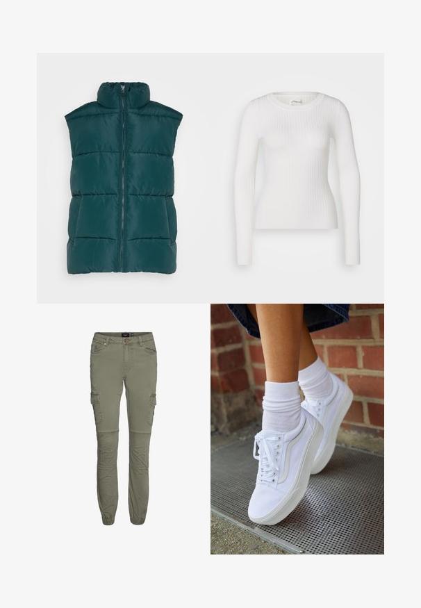 Monki Vesta - dark green; Biely dlhý rukáv ribbed top s okrúhlym výstrihom. Tkanina je hladká, s jemnou textúrou a priliehavým strihom. Žiadne viditeľné kovanie ani vzory.; Olive zelené cargo nohavice z odolnej bavlnenej zmesi s užšími manžetami, viacerými vreckami a prestrihmi na kolenách pre väčšiu pohyblivosť.; Biele plátené tenisky s gumovou podrážkou, s piatimi dierkami na šnúrky, okrúhlou špičkou a svetlými švami, doplnené o biele členkové ponožky.