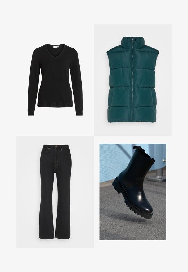 Monki Vesta - dark green; Čierny sveter s výstrihom do V vyrobený z mäkkej tkaniny, s dlhými rukávmi, rebrovaným lemom a manžetami, s jednoduchým a klasickým dizajnom.; Weekday RESOLUTE RIGID CURVE - Džínsy s rovným strihom - ink black; Čierna kožená členková čižma s elastickými bočnými panelmi, zaoblenou špičkou a hrubou, texturovanou podrážkou. Hladké prevedenie s minimalistickým dizajnom.