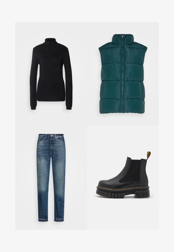 Monki Vesta - dark green; Čierny rolák vyrobený z jemného pleteného materiálu, s dlhými rukávmi a priliehavým strihom, s rebrovaným golierom a lemom.; Weekday ROWE EXTRA HIGH - Džínsy s rovným strihom - vintage blue; Čierna chelsea ankel obuv vyrobená z kože a elastického materiálu. Má robustnú gumovú podrážku, žlté švy a pútko na zadnej strane.