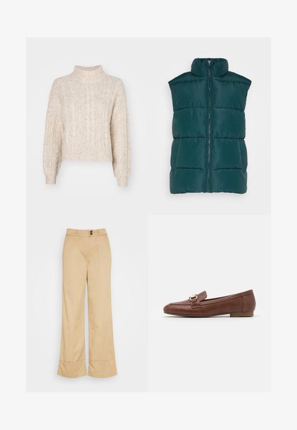 Monki Vesta - dark green; Krémový skrátený sveter s vysokým golierom, ktorý má textúrovaný káblový úplet a dlhé, mierne nadýchané rukávy.; b.young DOLYN PANTS - Nohavice - safari; Hnedé kožené mokasíny s plochou podrážkou, prešitou konštrukciou a zlatým prackovým detailom na popruhu cez priehlavok.