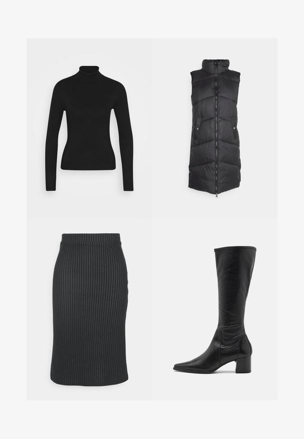 Gilet rembourré noir avec col montant, fermeture éclair à l'avant, grand pointillé en chevrons et deux poches latérales. Texture de tissu lisse et brillant.; Pull à col roulé noir avec des manches longues, fabriqué à partir d'un tissu en maille lisse. Présente un design ajusté et un col côtelé.; Vero Moda Petite VMMONI CALF SKIRT - Jupe crayon - black/snow white; Botte en cuir noire arrivant au genou avec un bout pointu, des détails de couture minimum et un talon carré épais. Texture lisse avec un fini brillant.