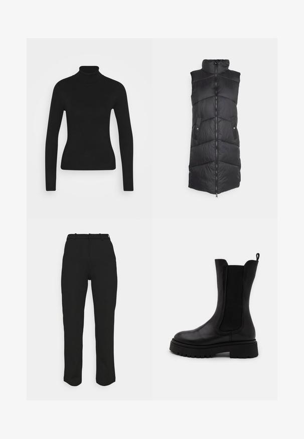 Sort puffervest med høj krave, lynlås foran, stort chevron-syning og to sidelommer. Glat, skinnende stofstruktur.; Sort turtleneck sweater med lange ærmer, lavet af et glat strikket stof. Har et tætsiddende design og en ribbet krave.; Sorte skræddersyede bukser med en lige pasform, fremstillet af et glat stof. Har bæltestropper og en ren talje uden synlige lommer.; Sorte ankelhøje støvler i glat læder med elastiske sidepaneler. Tykk gummisål med mønster og en tekstiltrækstrop bagpå.