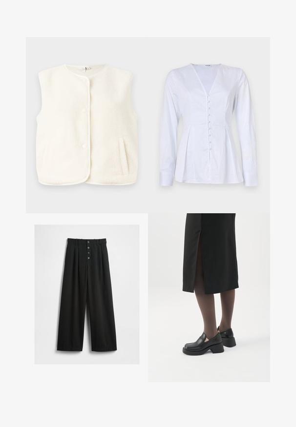 Chaleco de forro polar en color crema, diseño sin mangas, con botones frontales y bolsillos laterales. Textura suave con un forro interior liso.; Blusa blanca de manga larga con escote en V, con frente abotonado y cuerpo ajustado que se ensancha a la altura de la cintura. Tela suave y lisa.; Pantalones anchos negros hechos de una tela texturizada. Presentan una cintura alta, cierre frontal de cinco botones y pliegues planchados para un detalle adicional.; Mujer con mocasines negros de tacón grueso, medias negras transparentes y una falda negra con una abertura trasera sobre un fondo blanco.