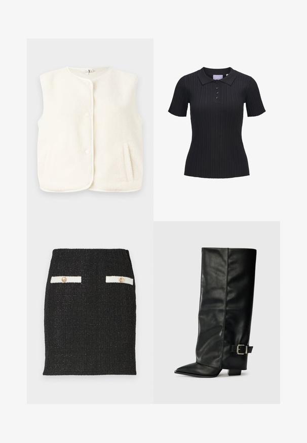 Gilet en polaire de couleur crème, sans manches, avec des boutons sur le devant et des poches latérales. Texture douce avec une doublure intérieure lisse.; Polo noir à manches courtes en maille côtelée avec quatre boutons et un col traditionnel.; Jupe en tweed noir avec un tissu texturé et une coupe ajustée. Comprend deux accents de poches blanches avec des boutons dorés.; Bottes noires en cuir longueur cheville avec un bout pointu, texture lisse et une accent en boucle argentée sur le côté. Talon carré épais.