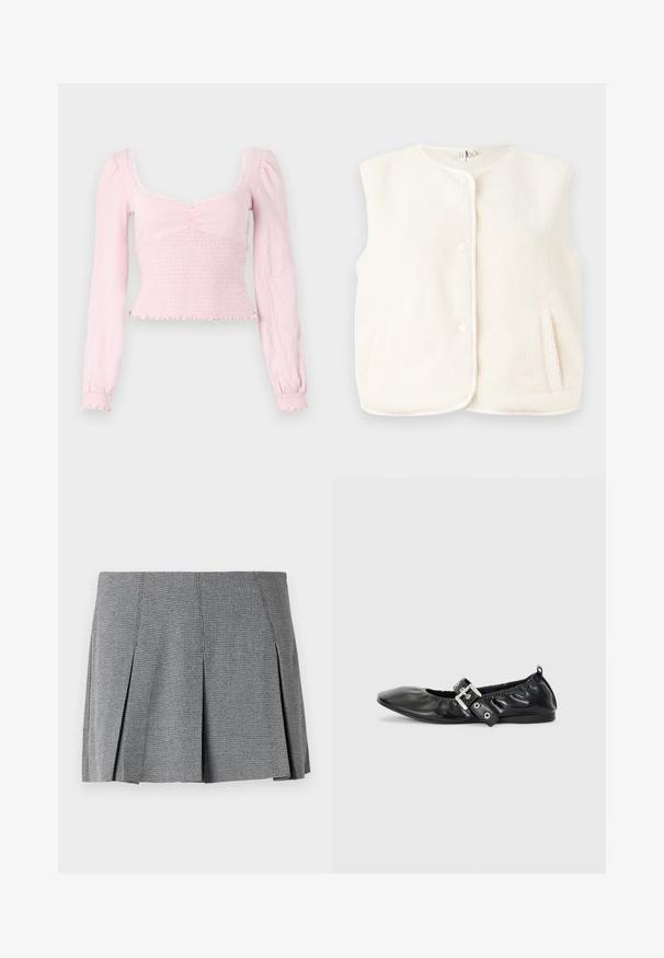 Fleece vest i cremefarve, ærmeløs design, med frontknapper og sidelommer. Blød tekstur med en glat inderside.; BDG Urban Outfitters SYDNEY - Langærmet T-shirt - pink; Grå plisseret mini-nederdel lavet af tekstureret stof, med et rutenetmønster og en lige skæring med sideslidser.; Sorte læder flade sko med spids tå, samling detaljer omkring åbningen, og en sølv spænde accent på den justerbare rem.