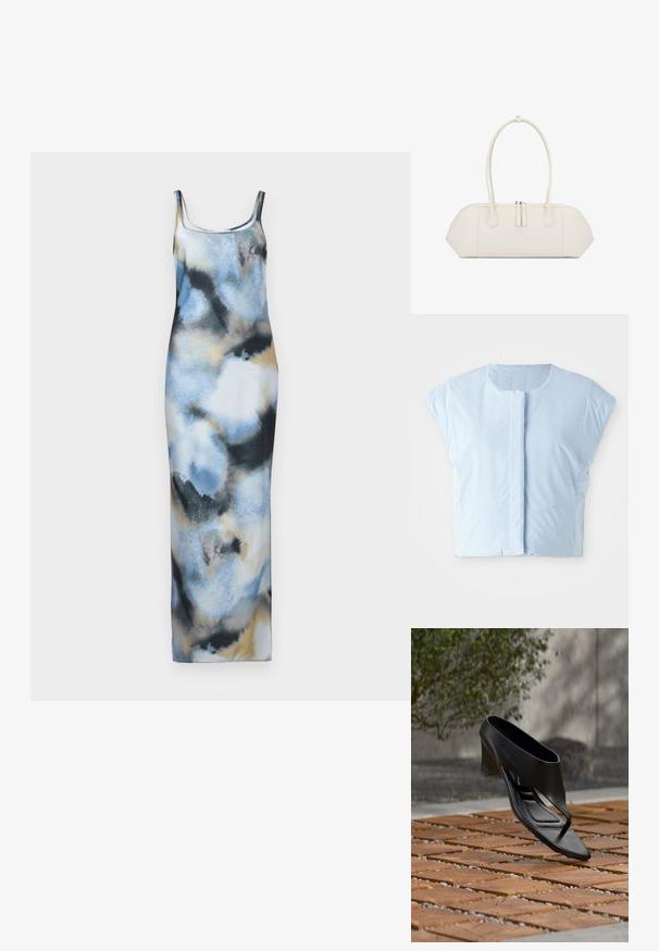 Himmelblauer Cropped-Top aus glattem Stoff, mit Rundhalsausschnitt, kurzen Ärmeln, vorderem Knopfverschluss und dezenten Nahtdetails.; Maxikleid aus leichtem Stoff mit einem Aquarellmuster in Blau, Schwarz und Beige. Es hat eine figurbetonte Form und Spaghettiträger.; Schwarze High-Heeled Sandale mit Zehensteg, schwebend über einer gemusterten Holz- und Kiesaußenfläche mit verschwommenem Grün und Wand im Hintergrund.; Weiße Lederhandtasche mit doppelten Griffen und einem Reißverschluss oben, die eine schlanke, längliche rechteckige Form aufweist.