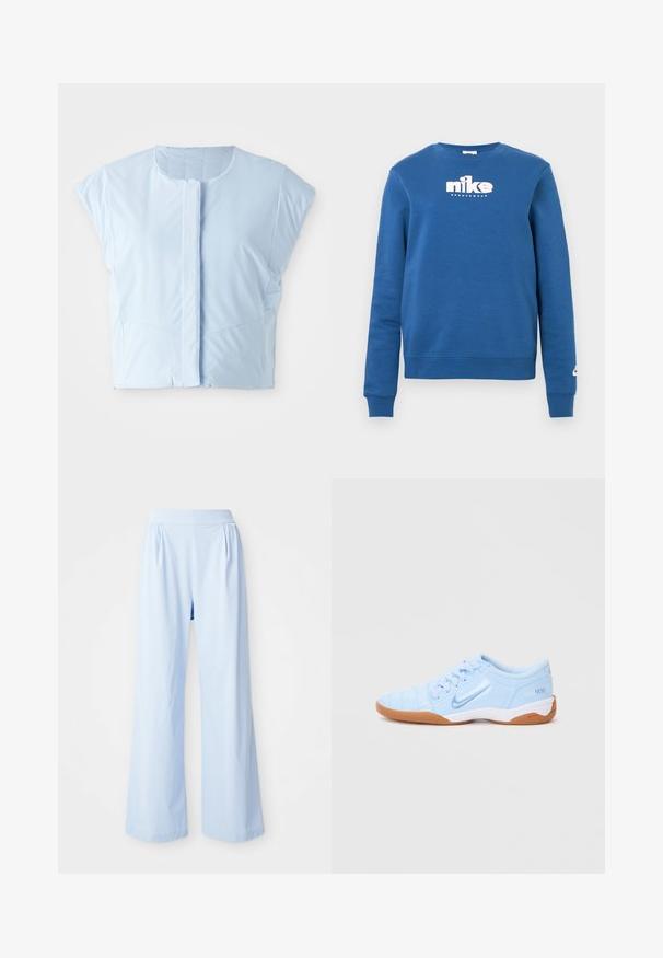 Lichtblauw cropped top gemaakt van gladde stof, met een ronde halslijn, korte mouwen, knoopsluiting aan de voorkant en subtiele naaddetails.; Blauwe katoenen trui met lange mouwen, ronde halslijn en wit Nike-logo op de borst. Geribbelde boorden en zoom zorgen voor een betere pasvorm.; Lichtblauwe wijde broek met een gladde textuur, elastische tailleband en geplooide details aan de voorkant. Gemaakt van een zachte stof.; Lichtblauwe sportschoen met een gladde synthetische bovenkant, getextureerde accenten en een gumrubberen buitenzool. Bevat een logo aan de zijkant.
