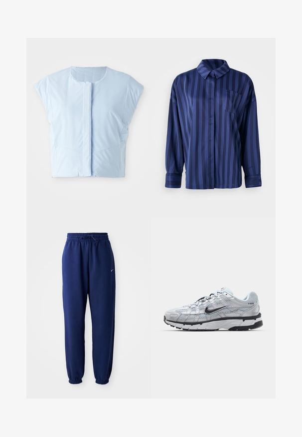 Lichtblauw cropped top gemaakt van gladde stof, met een ronde halslijn, korte mouwen, knoopsluiting aan de voorkant en subtiele naaddetails.; Marineblauw gestreepte shirt met kraag, borstzak en lange mouwen. Gemaakt van een gladde, glanzende stof met een losse pasvorm.; Marineblauwe joggingbroek van zachte stof, met een elastische tailleband met trekkoord, elastische boorden en een klein wit logo.; Nike P-6000 sneakers met een lichtgrijze mesh bovenkant, zwarte accenten en een duurzame zwarte rubberen zool. Kenmerkt zich door een ingewikkeld ontwerp en vetersysteem.