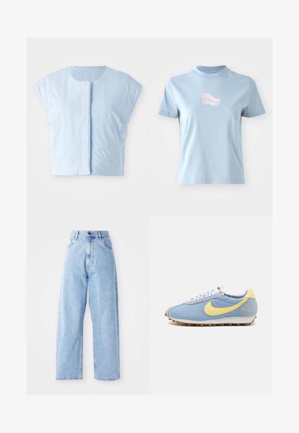 Lysblå crop top lavet af glat stof, med rund halsudskæring, korte ærmer, frontknaplukning og diskret sømdetaljering.; Lyseblå bomulds T-shirt med korte ærmer og høj halsudskæring, prydet med et lille pink broderet skaldesign på forsiden.; Højhalset lysblå denimjeans med lige vide ben, frontknap, lynlås lukning samt front- og baglommer.; Blå mesh- og ruskinds-sneakers med gul Nike swoosh, hvide snørebånd og lysebrun sål; klassisk atletisk design.