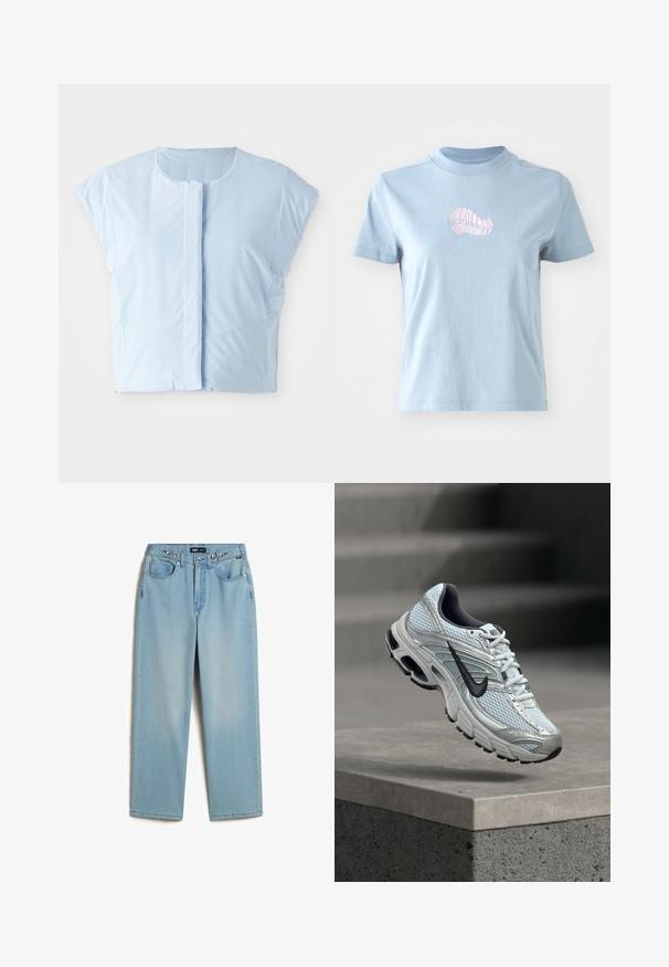 Lysblå crop top lavet af glat stof, med rund halsudskæring, korte ærmer, frontknaplukning og diskret sømdetaljering.; Lyseblå bomulds T-shirt med korte ærmer og høj halsudskæring, prydet med et lille pink broderet skaldesign på forsiden.; Vans CINCHED CHECK - Baggy jeans - light stonewash; Hvid og grå Nike løbesko med sort logo svæver over betonkant mod sløret grå baggrund.