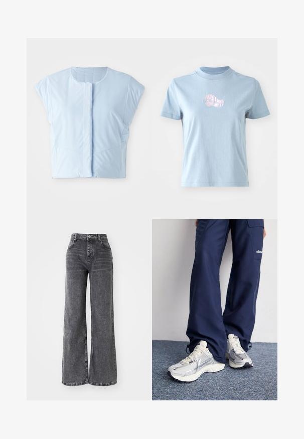 Lichtblauw cropped top gemaakt van gladde stof, met een ronde halslijn, korte mouwen, knoopsluiting aan de voorkant en subtiele naaddetails.; Lichtblauw katoenen T-shirt met korte mouwen en een hoge hals, met een klein roze geborduurd schelpdierontwerp aan de voorkant.; Wijde grijze denim broek met een hoge taille, voorzien van traditionele vijf-pocket styling en een subtiele vervaagde afwerking.; Nike hardloopschoenen met een zilveren mesh bovenkant, witte accenten en structuurzolen, gecombineerd met luchtige navy broeken.