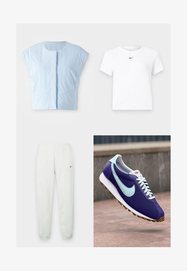 Lysblå crop top lavet af glat stof, med rund halsudskæring, korte ærmer, frontknaplukning og diskret sømdetaljering.; Hvid Nike cropped T-shirt med korte ærmer og en lille sort Nike swoosh-logo centreret under nakkekanten.; Lysegrå Nike joggingbukser med elastisk taljebånd, tilspidsede manchetter og et lille sort logo på venstre lår. Blødt, tekstureret stof.; Lilla Nike sneakers med lyseblå swoosh, hvide snørebånd og gummisål, der svæver over en betonoverflade udendørs.