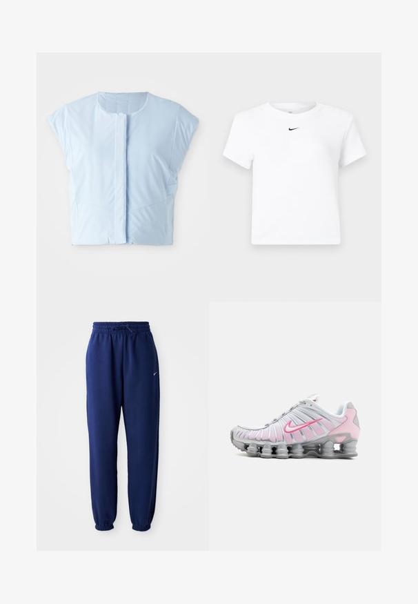 Top court bleu clair en tissu lisse, avec un col rond, des manches courtes, une fermeture à boutons sur le devant et des détails de couture subtils.; T-shirt court blanc à manches courtes de Nike avec un petit logo noir Nike swoosh centré sous l'encolure.; Pantalons de survêtement bleu marine en tissu doux, avec une taille élastique à cordon de serrage, des poignets élastiques et un petit logo blanc.; Chaussure de sport Nike en blanc et rose clair. Présente un dessus en mesh et une semelle incurvée distinctive avec un amorti à air visible.