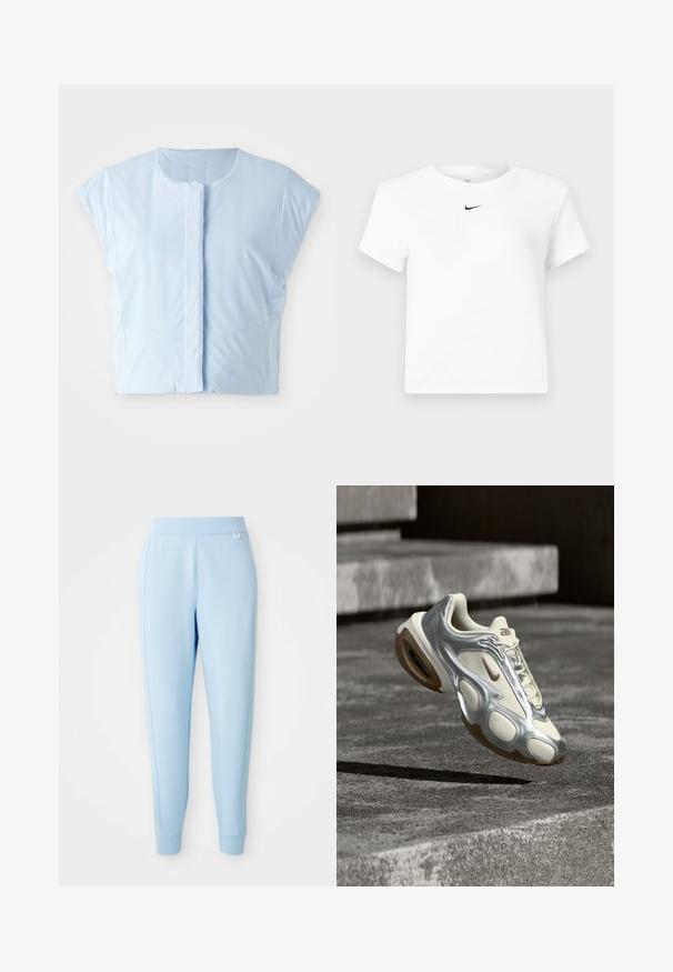 Heledsinine lühikese varrukaga lühike topp, mis on valmistatud siledast kangast, millel on ümmargune kaelus, ees nup closure ja kerge õmbluste detail.; Valge lühikeste varrukatega Nike lühike t-särk, millel on väike must Nike logo kaeluse all keskel.; Hea sinine jogger püksid, mis on valmistatud pehmest materjalist, omavad siledat tekstuuri, kitsenevaid jalgu ja diskreetset logo aktsenti külgedel.; Kreemjas ja metallik hõbedane spordijalats ripub betoonastmete kohal, millel on pruunid kummist tald ning Nike logo.