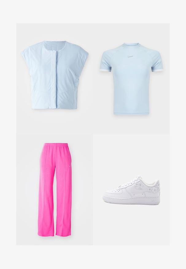 Lysblå crop top lavet af glat stof, med rund halsudskæring, korte ærmer, frontknaplukning og diskret sømdetaljering.; Lyseblå atletisk t-shirt med korte ærmer lavet af glat stof. Har rund halsudskæring og subtilt Nike-logo på brystet med hvide detaljer.; Lyserøde, løstsiddende, letvægts sweatsbukser med elastisk talje og sidesømme. Har et lille logo nær den øverste venstre lår.; Hvid lavtop sneaker med perforeret tå, Nike swoosh og dekorative hvide blomsterdetaljer på hælen og siden.