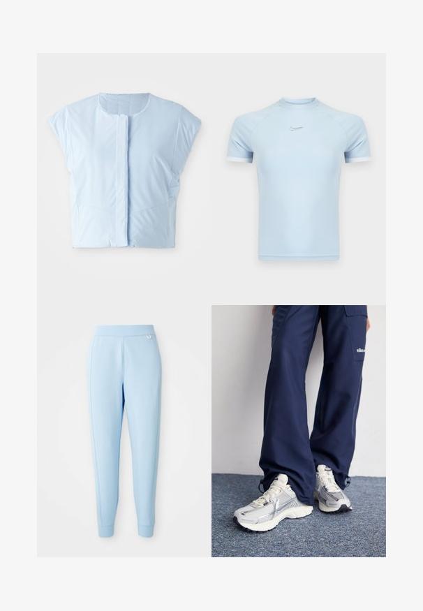 Top court bleu clair en tissu lisse, avec un col rond, des manches courtes, une fermeture à boutons sur le devant et des détails de couture subtils.; Haut de sport à manches courtes bleu clair en tissu lisse. Présente un col rond et un logo Nike discret sur la poitrine, avec des accents blancs.; Pantalons de jogging bleu clair en matériau doux, avec une texture lisse, des jambes effilées et un accent de logo subtil sur le côté.; Baskets de sport Nike avec une tige en maille argentée, des accents blancs et des semelles texturées, associées à un pantalon marine ample.