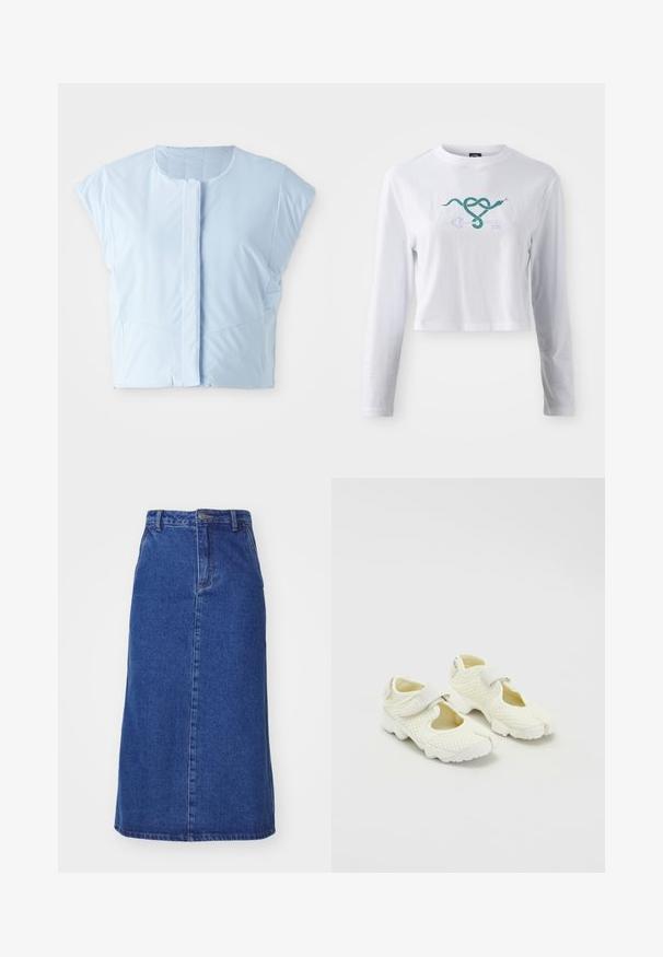 Lysblå crop top lavet af glat stof, med rund halsudskæring, korte ærmer, frontknaplukning og diskret sømdetaljering.; Hvid langærmet cropped t-shirt i bomuld med et grønt slangemotiv, der er flettet sammen med et nøgledesign på fronten.; Denimnederdel i mørkeblå, med en tætsiddende talje, lige silhuet og forsømmer, samt en kantlinje der falder under knæet.; Hvide net sko med et struktureret design, der har en velcro-rem og udskårne sider, tekstureret stof og en kraftig sål.