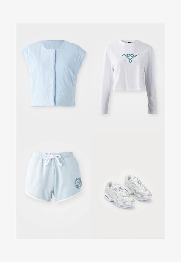 Top corto de color azul claro, hecho de una tela suave, con escote redondo, mangas cortas, cierre frontal de botones y detalles de costura sutiles.; Camiseta recortada de algodón de manga larga blanca, con un gráfico de una serpiente verde entrelazada con un diseño de llave en la parte frontal.; Pantalones cortos azul claro de tela suave con un cordón blanco, con un borde blanco y un parche de logo circular en el lateral.; Zapatillas deportivas blancas con parte superior de malla y acentos plateados, una forma única y amortiguación de aire en el talón. Diseño con cordones y logotipo.