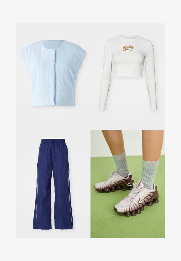 Himmelblauer Cropped-Top aus glattem Stoff, mit Rundhalsausschnitt, kurzen Ärmeln, vorderem Knopfverschluss und dezenten Nahtdetails.; Weißes, langärmliges Crop-Top aus glattem Stoff, mit einem goldenen Nike-Logo-Print auf der Brust und einem klassischen Rundhalsausschnitt.; Marineblaue, leichte, weit geschnittene Hose mit elastischem Bund und Kordelzug, mit weißen seitlichen Streifen und einer zerknitterten Textur.; Nike Sneaker in Hellrosa und Braun mit einer strukturierten Oberseite, geschichtetem Design und dämpfender Außensohle mit sichtbaren Air-Elementen.