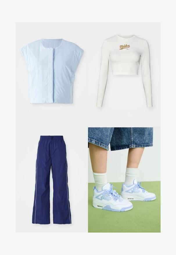 Lichtblauw cropped top gemaakt van gladde stof, met een ronde halslijn, korte mouwen, knoopsluiting aan de voorkant en subtiele naaddetails.; Witte langemouwen crop top van een soepele stof, met een gouden Nike-logo op de borst en een klassieke ronde hals.; Navyblauwe, lichte, wijde broek met een elastische tailleband en trekkoord, met witte zijstrepen en een geplooide textuur.; Witte en lichtblauwe sneakers met gaasaccenten, een ronde neus, veters en een luchtkusseneenheid, gecombineerd met witte geribde sokken en denim short.