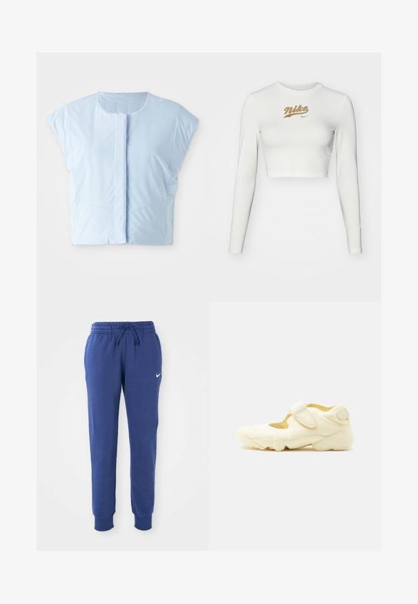 Himmelblauer Cropped-Top aus glattem Stoff, mit Rundhalsausschnitt, kurzen Ärmeln, vorderem Knopfverschluss und dezenten Nahtdetails.; Weißes, langärmliges Crop-Top aus glattem Stoff, mit einem goldenen Nike-Logo-Print auf der Brust und einem klassischen Rundhalsausschnitt.; Blaue Nike-Sweatpants mit elastischem Bund, Kordelzug, Bündchen an den Knöcheln und weißem Nike-Swoosh-Logo am linken Oberschenkel.; Beiger Sportschuh mit dicker Sohle, Cut-out-Design und zwei verstellbaren Klettverschlüssen auf weißem Hintergrund.