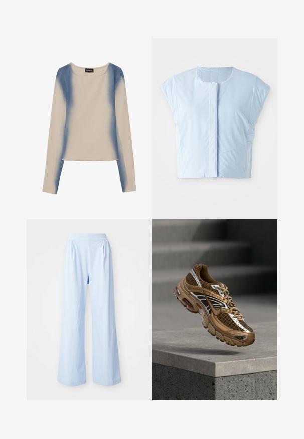 Top court bleu clair en tissu lisse, avec un col rond, des manches courtes, une fermeture à boutons sur le devant et des détails de couture subtils.; Haut à manches longues en beige clair, avec un design dégradé bleu. Texture lisse avec un col rond et une taille droite.; Pantalons larges bleu clair avec une texture lisse, taille élastique et détails plissés à l'avant. Fabriqués en tissu doux.; Baskets Nike marron et beige avec mesh et détails réfléchissants flottant au-dessus d'un rebord en béton sur un fond gris flou.