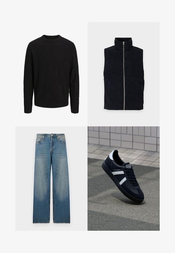 Marineblå kordfløjl puffer vest med høj krave, front lynlås og to frontlommer. Har et struktureret ribbet mønster.; Sort langærmet strikket sweater med rund halsudskæring, ribstrikkede manchetter og kant, vist på en ensartet lys grå baggrund.; Lyseblå bredbenede jeans i denimstof med høj talje, fem-lomme design og slidte områder for et vintage look.; Sort lædersneaker med hvide striber, tekstureret gummisål og snørrebånd foran. Har et brandet mærke på tungen.