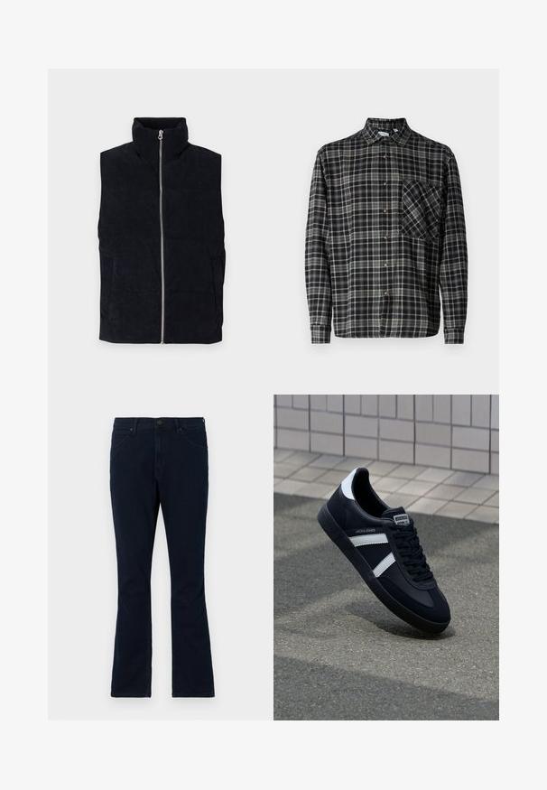 Meripihkhu puffer vestti tummansinisenvärinen, korkea kaulus, etuvetoketju ja kaksi etutaskua. Sisältää tekstuurillisen ribbikuvion.; Only & Sons Lumberjack ONSARCHER Lumberjack - Vapaa-ajan kauluspaita - black; Tummansiniset suorat farkut, joissa edessä nappi ja vetoketju, vyölenkit ja etutaskut, esitetty yksinkertaisella vaalealla taustalla.; Mustat nahkakengät valkoisilla raidoilla, teksturoitu kumipohja ja nauha edessä. Varustettu merkkitarralla kielen päällä.