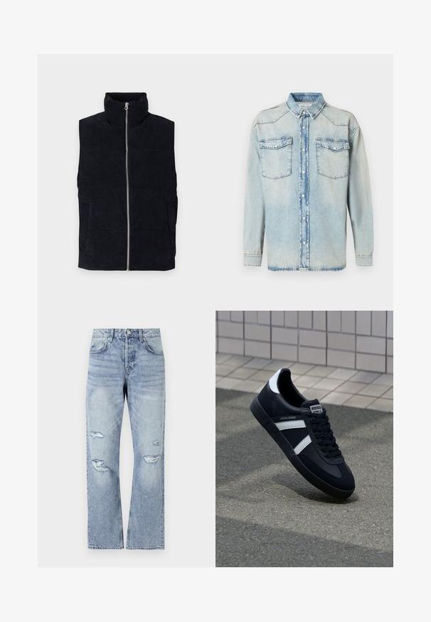 Gilet doudoune en velours côtelé marine avec col haut, fermeture éclair à l'avant et deux poches avant. Doté d'un motif ribbé texturé.; Chemise en denim bleu clair à manches longues, avec deux poches poitrine, fermeture boutonnée et col classique. Texture délavée sur l'ensemble.; Jean en denim bleu clair avec une coupe droite, présentant des déchirures usées au niveau des genoux et un style classique à cinq poches.; Sneaker en cuir noir avec des rayures blanches, semelle en caoutchouc texturée et devant à lacets. Présente une étiquette de marque sur la languette.