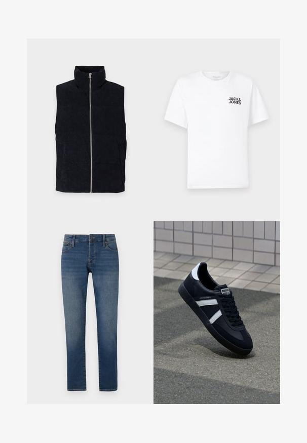 Navy Corduroy-Puffer-Weste mit hohem Kragen, Frontreißverschluss und zwei Fronttaschen. Verfügt über ein strukturiertes, geripptes Muster.; Weißes Baumwoll-T-Shirt mit kurzen Ärmeln und Rundhalsausschnitt. Enthält ein schwarzes Textlogo "JACK & JONES" auf der linken Brustseite. Einfaches, schlichtes Design.; Schmal geschnittene blaue Jeans mit leichtem Verblassen an den Oberschenkeln, Fünf-Taschen-Design, Knopfverschluss und geradem Beinanschnitt auf einem weißen Hintergrund.; Schwarze Leder-Sneaker mit weißen Streifen, strukturiertem Gummisohle und Schnürung. Verfügt über ein Markenetikett auf der Zunge.