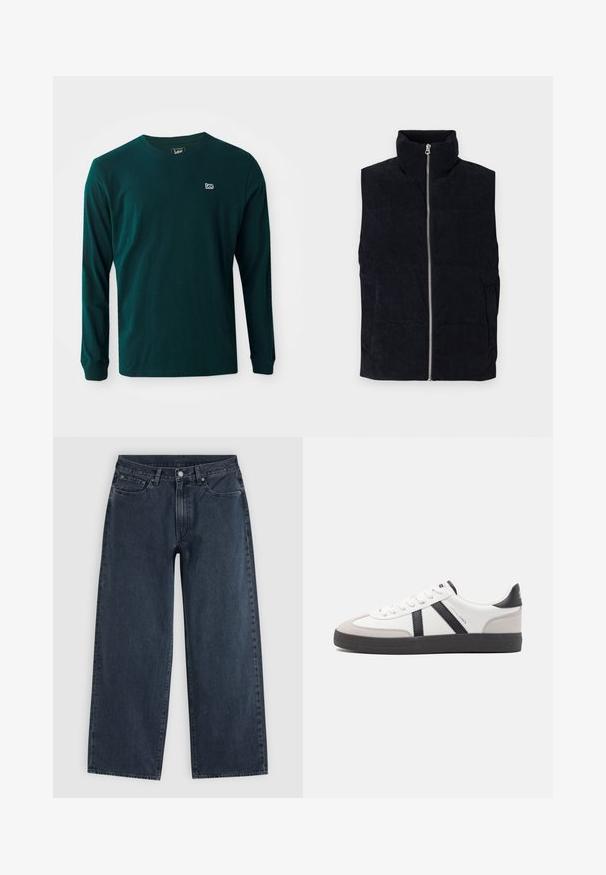 Marineblå kordfløjl puffer vest med høj krave, front lynlås og to frontlommer. Har et struktureret ribbet mønster.; Langærmet T-shirt i mørkegrøn bomuld med rund hals og et lille hvidt logo på venstre bryst. Glat tekstur, afslappet pasform.; Mørkeblå jeans med vidde i benene, fem lommer, bæltestropper, knaplukning og lynlås, lagt fladt på en lys baggrund.; Hvide sneakers med sorte og grå detaljer, med en tekstureret grå tåhætte, sort gummisål og flade hvide snørebånd. Rent design, minimalistisk stil.