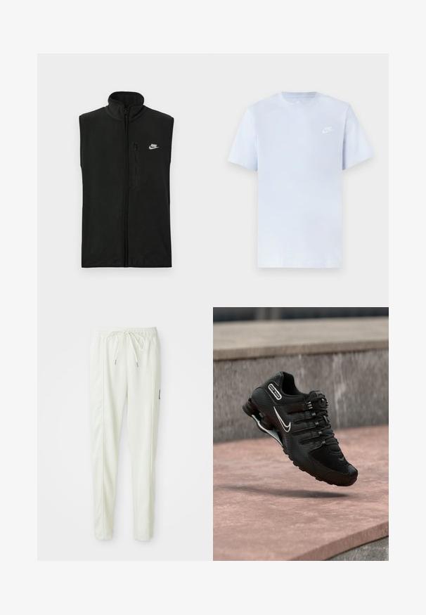 Must must vest kõrge kraega ja esiseeliku sulgemisega. Omab väikest tõmblukuga taskut ja valget Nike logo vasakul üleval küljel.; Hele sinine puuvillane t-särk lühikeste varrukatega, ümar kaelus ja valge Nike logo trükituna vasakul rinnal. Sile tekstuur, lihtne disain.; Valged kitsad jooksvapüksid elastse vöökoha ja paelaga, külgseamide detailide ja väikese musta plaastriga paremal jalal.; Must Nike Shox jooksujalats valge Swooshi logoga, õhus roosakat tooni betoonpinna kohal, halli kiviseina taustal.