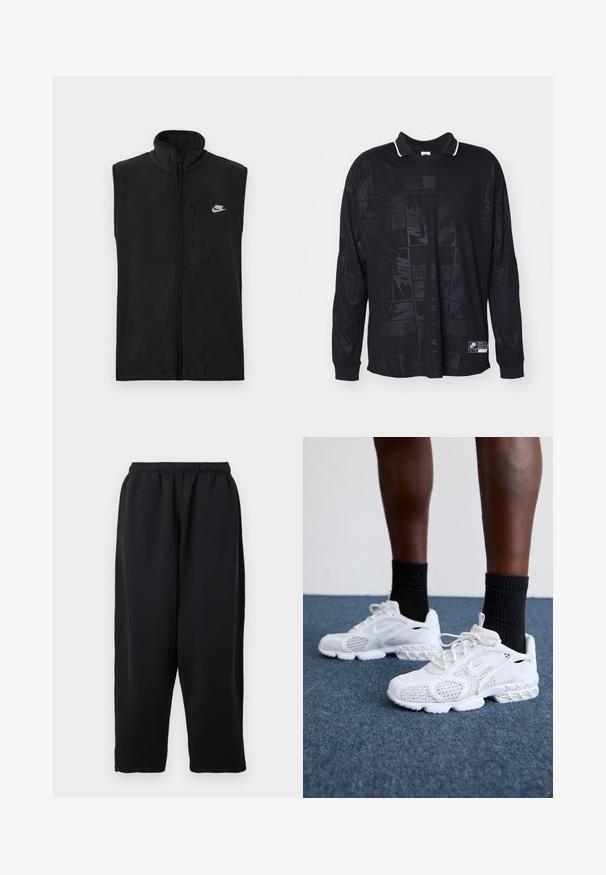 Schwarze Fleeceweste mit hohem Kragen und vorderer Reißverschlussöffnung. Sie verfügt über eine kleine Reißverschlusstasche und ein weißes Nike-Logo auf der oberen linken Seite.; Schwarzes Poloshirt mit langen Ärmeln, das ein strukturiertes Muster, einen kontrastierenden weißen Kragen und ein Nike-Logo auf der unteren linken Seite hat.; Schwarze Jogginghose aus weichem Stoff, mit elastischem Bund, weiten Beinen und Seitentaschen mit dezenten blauen Akzenten.; Weiße Sportschuhe mit Mesh-Obermaterial, strukturierten Akzenten und gepolsterter Sohle. Kombieirt mit schwarzen gerippten Knöchelsocken auf einer blauen Teppichoberfläche.