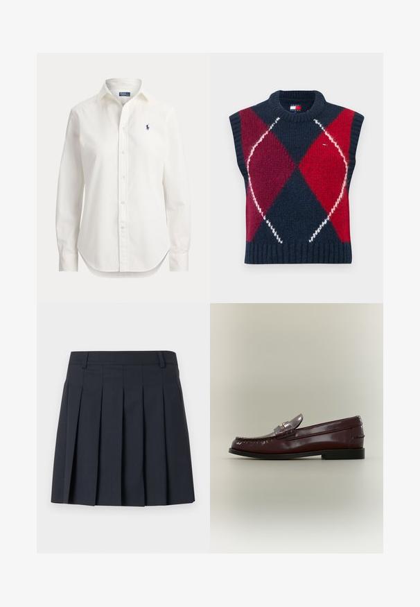 Pull sans manches en marine, rouge et blanc avec un motif losange. Texture tricotée, col et ourlet côtelés. Comprend une étiquette logo.; Chemise blanche à manches longues avec boutons, col et petit logo bleu d’un joueur de polo sur la poitrine gauche.; Jupe plissée bleu foncé avec une ceinture plate, fabriquée en tissu lisse. Elle présente plusieurs plis verticaux et une coupe ajustée.; Mocassin en cuir marron foncé avec une semelle noire basse et une bride décorative sur le dessus, présenté de profil sur un fond uni.