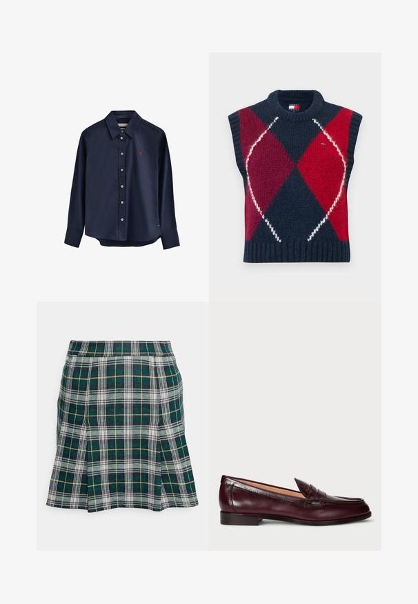 Chaleco sin mangas en azul marino, rojo y blanco con un patrón de rombos. Textura de punto, escote y dobladillo acanalados. Cuenta con una etiqueta con logo.; Camisa azul marino de manga larga con botones, hecha de tela suave. Presenta un cuello puntiagudo, una tapeta de botones y un pequeño logo rojo en el pecho.; Hollister Co. PLEATED MINI SKIRT - Minifalda - green; Mocasines de cuero burdeos con un acabado suave, punta redondeada, costuras decorativas y un tacón bajo. El interior tiene un suave forro beige.
