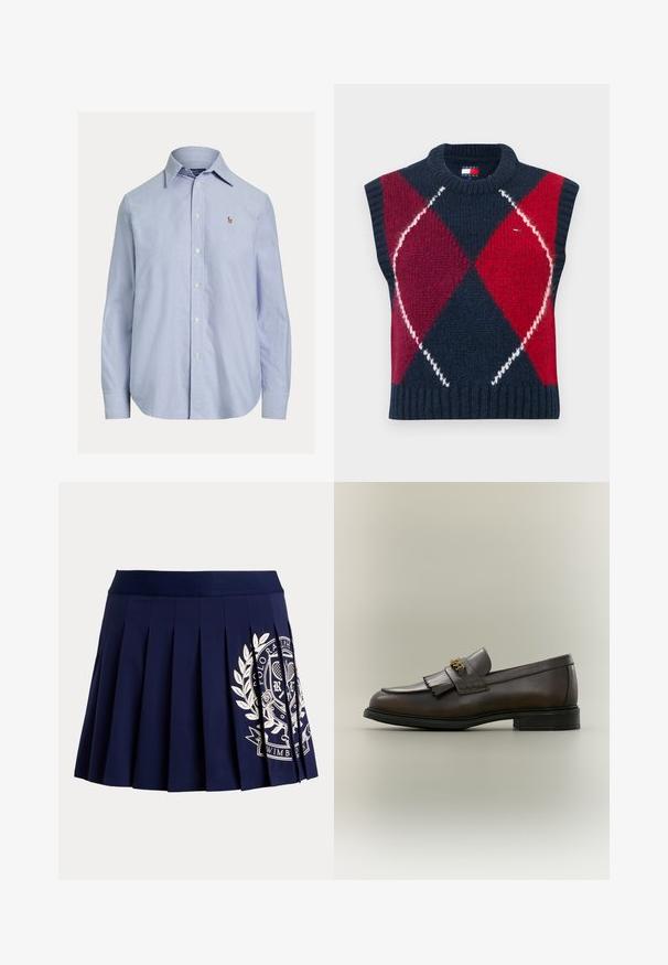 Mouwloze trui in marineblauw, rood en wit met een ruitpatroon. Gebreide textuur, geribde halslijn en zoom. Voorzien van een logolabel.; Lichtblauw overhemd met lange mouwen en knopen, met puntige kraag en klein geborduurd logo op de linkerborst.; Marineblauwe geplooide rok met brede tailleband en wit tennis-thema wapenlogo aan de rechteronderkant.; Donkerbruine leren loafer met franjes en gouden gesp op zwarte zool, gezien van opzij tegen een neutrale achtergrond.