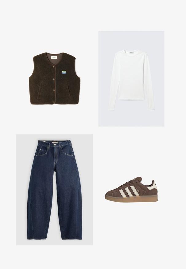 Chaleco marrón sin mangas de forro polar con botones de presión en la parte delantera, dos bolsillos laterales y una pequeña parche rectangular azul y amarillo en el pecho izquierdo.; Camiseta blanca lisa de manga larga con cuello redondo y corte ajustado, mostrada sobre un fondo gris claro.; Jeans de mezclilla azul oscuro con un ajuste holgado, costuras claras, cinco bolsillos y un cierre de botón en la cintura.; Zapatilla de ante marrón con detalles en cuero blanco y tres rayas blancas. Presenta una puntera redonda y una suela de goma. Logotipo en el lateral.