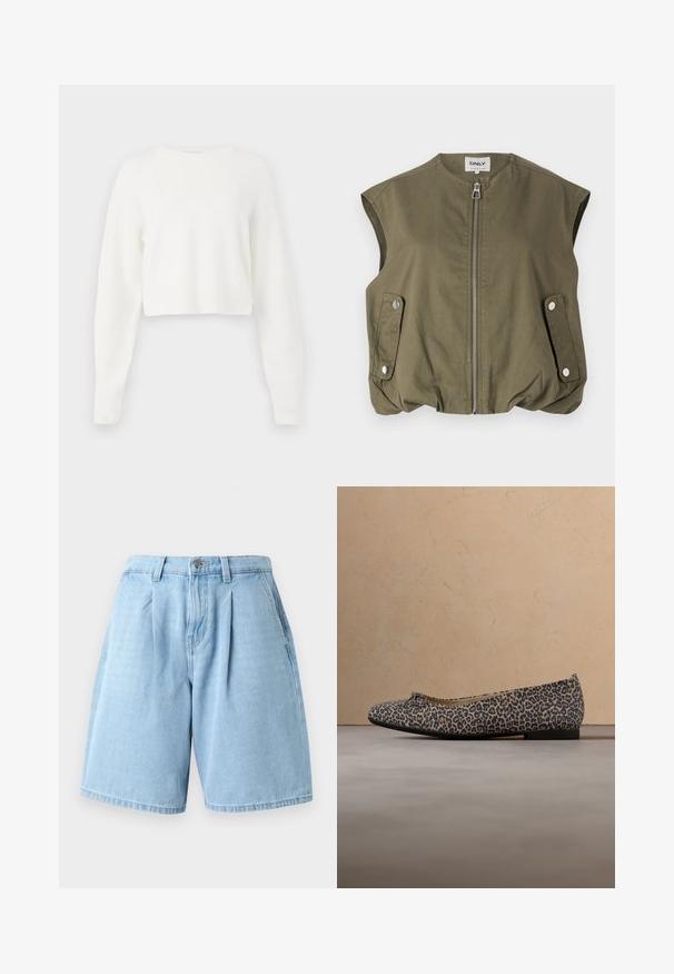 Gilet sans manches vert olive en tissu léger, doté d'une fermeture éclair sur le devant, de poches à pression et d'un ourlet froncé.; Pull blanc court avec des manches longues, texture côtelée et col rond. Fabriqué en matériau doux et léger.; Shorts en denim bleu clair avec une coupe décontractée, dotés de plis à l'avant, de passants de ceinture et d'un style classique à cinq poches.; Ballerine à imprimé léopard avec un bout rond et un petit nœud décoratif sur le coup de pied. Tige en tissu doux et semelle en caoutchouc noir.