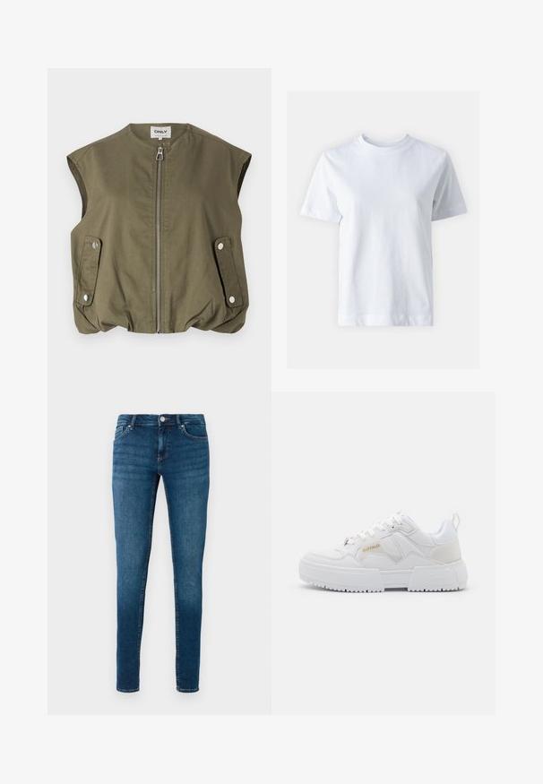 Olivgrüner ärmelloser Weste aus leichtem Material, mit einem Frontreißverschluss, Druckknopftaschen und einem gerafften Saum.; Weißes Baumwoll-T-Shirt mit Rundhalsausschnitt, kurzen Ärmeln, gerader Schnittführung und glatter Textur. Keine Muster oder Verzierungen.; Dunkelblaue Skinny Jeans aus Denim mit traditionellem Fünf-Taschen-Design, silbernem Knopf und subtilen, ausgewaschenen Bereichen auf der Vorderseite. Glatte Textur.; Weiße Sneakers mit chunky Design, gefertigt aus Leder und synthetischen Materialien, mit strukturierten Details, Schnürsenkeln und einem auffälligen Logo in Gold.