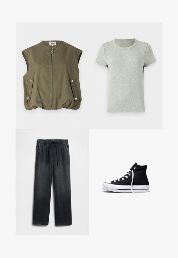 Olivgrüner ärmelloser Weste aus leichtem Material, mit einem Frontreißverschluss, Druckknopftaschen und einem gerafften Saum.; Graues kurzärmliges T-Shirt mit Rundhalsausschnitt, aus geripptem Stoff gefertigt. Glatte Textur mit regulärer Passform und minimalistischem Design.; Schwarze Jeanshose mit einem elastischen Bund und Kordelzug, weitem Bein und dezentem Used-Effekt. Mit zwei Seitentaschen.; Schwarzer High-Top-Canvas-Sneaker mit weißer Gummisohle und weißen Schnürsenkeln, seitlich dargestellt vor weißem Hintergrund.