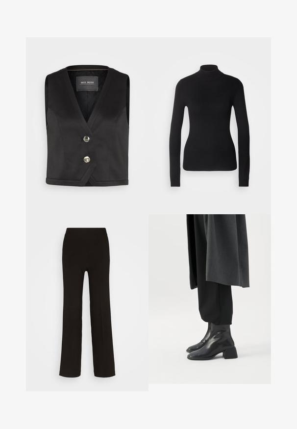 Gilet noir avec un design en V, comportant deux boutons métalliques et un tissu texturé. Ourlet simple et sans manches. Étiquette de marque visible.; Pull à col roulé noir en maille légère. Il possède des manches longues, une coupe ajustée et une texture côtelée douce.; Pantalons noirs à jambes larges en tissu lisse, dotés d'une taille haute ajustée et sans matériel ni motifs visibles.; Bottines en cuir noir à talons blocs bas portées avec un pantalon noir et un long manteau gris foncé.