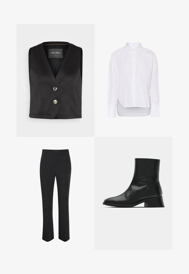 Chaleco negro con diseño de escote en V, que presenta dos botones metálicos y una tela texturizada. Dobladillo simple y sin mangas. Etiqueta de la marca visible.; Camisa blanca de manga larga con botones, cuello puntiagudo, dobladillo trasero ligeramente más largo y puños grandes.; Pantalones negros a medida con diseño de pierna recta. Fabricados con tela suave, cuentan con una pretina de talle medio y una sutil arruga frontal.; Botín negro de tobillo hecho de cuero brillante, con un diseño elegante, punta afilada y un tacón bloque moderado para mayor estabilidad.