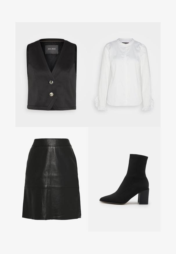 Zwarte gilet met een V-halsontwerp, voorzien van twee metalen knopen en een textuurstof. Eenvoudige zoom en geen mouwen. Merkenlabel zichtbaar.; Witte knopsluitingshirt van gladde stof, met een ronde halslijn en ruches bij de manchetten. Klassiek ontwerp met lange mouwen.; Zwarte A-lijn rok van imitatieleren met hoge taille en zichtbare naaddetails aan de voorkant en bij de zoom.; Zwarte enkellaars gemaakt van rekbaar stof, met een spitse neus en een vierkante blokhak, afgewerkt met ribbelrand aan de bovenkant.
