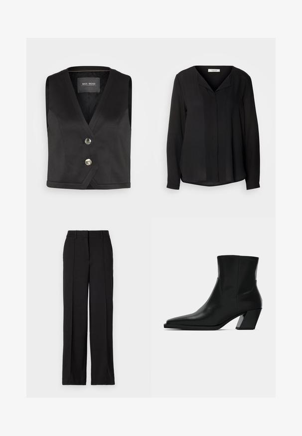 Zwarte gilet met een V-halsontwerp, voorzien van twee metalen knopen en een textuurstof. Eenvoudige zoom en geen mouwen. Merkenlabel zichtbaar.; Zwarte blouse met lange mouwen, een V-hals, knoopsluiting aan de voorkant en een licht gebogen zoom. De stof lijkt glad en licht van gewicht.; Zwarte broeken met een recht design, voorzien van twee plooien aan de voorkant, een tailleband en zonder zichtbare zakken of versieringen.; Zwarte leren enkelboot met een spitse neus, een slanke silhoeet en een chunky vierkante hak. Gladde textuur met minimale stikdetails.