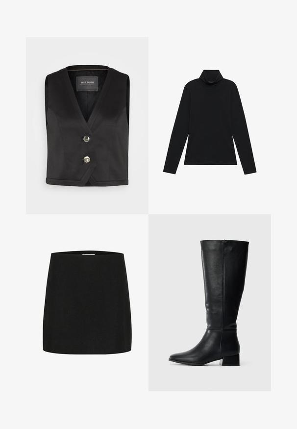 Sort vest med V-hals design, der har to metalknapper og et struktureret stof. Enkel kant og uden ærmer. Mærket synligt.; Sort turtleneck med lange ærmer. Blødt stof, tætsiddende design, høj krave og sidesøm. Simpel og alsidig stil, der er velegnet til lag-på-lag.; Sort mini-skjorte lavet af tekstureret stof, med en simpel, lige skæring uden synlige udsmykninger eller mønstre.; Sorte læder knæhøje støvler med lav blokhæl og spids tå, vist fra siden på en ensfarvet lys baggrund.