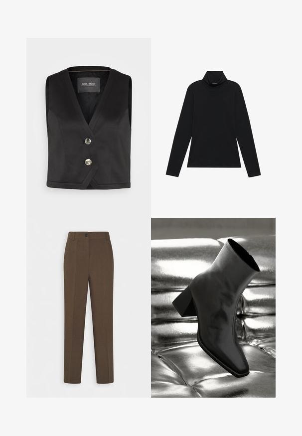 Gilet noir avec un design en V, comportant deux boutons métalliques et un tissu texturé. Ourlet simple et sans manches. Étiquette de marque visible.; Turtleneck à manches longues noir. Tissu doux, design près du corps, col montant et coutures latérales. Style simple et polyvalent, idéal pour le superposition.; Pantalons marron à jambes droites avec passants de ceinture et fermeture à un bouton à l'avant, présentés sur fond blanc.; Botte noire à la cheville en matériau brillant avec un bout carré et un talon effilé, sur un fond argenté brillant et capitonné.