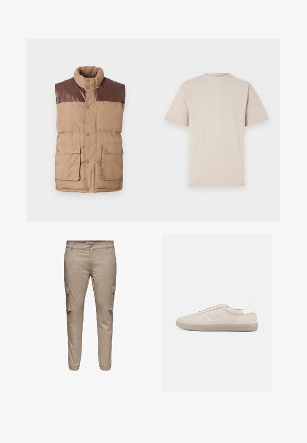 Gilet sans manches en doudoune marron avec un empiècement en simili cuir, fermeture à boutons-pression et deux poches avant. Texture douce, isolation rembourrée.; T-shirt beige à manches courtes, col rond, en tissu coton lisse, avec une coupe décontractée et sans motifs ni embellissements visibles.; Pantalon cargo beige à coupe slim avec poches à rabat latérales, fermeture par boutons, passants pour ceinture et poignets élastiques aux chevilles.; Baskets en daim beige avec une tige texturée, un contrefort de talon blanc lisse, de fines lacets et une semelle extérieure en caoutchouc. Présente un design bas profil.