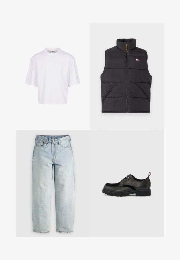 Tommy Jeans VAIL PUFFER VEST - Vesta - black; Biela, krátkymi rukávmi tričko s okrúhlym výstrihom a voľným strihom, vyrobené z hladkej bavlnenej zmesi. Bez vzorov alebo ozdôb.; Svetlomodré džínsy s rovnými nohavicami, piatimi vreckami a zapínaním na gombíky; majú vyblednuté miesta a jemné švy.; Čierna kožená šnurovacia obuv s hrubou drážkovanou podrážkou a červeným ťaháčikom na päte, zobrazená z bočného profilu na svetlosivom pozadí.