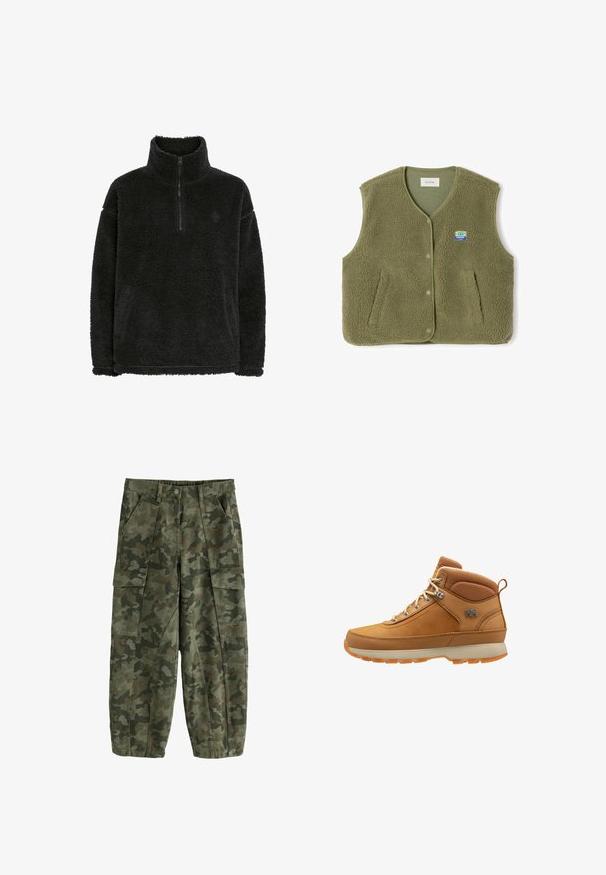 Groen fleecevest met een gestructureerd, pluizig oppervlak. Voorzien van een V-hals, knoopsluiting, twee voorzakken en een klein logoplaatje.; Zwarte fleece pullover met een ritskraag, zachte, getextureerde oppervlakte en een ontspannen pasvorm. Kenmerkt stitching langs de zoom en de manchetten.; Groene en bruine camouflage cargobroek met voorzakken, klepzakken aan de zijkant en een knoopsluiting in de taille.; Bruine wandelschoenen met een combinatie van leer en gaas, mid-top ontwerp, beige zool en een prominent logo aan de zijkant.